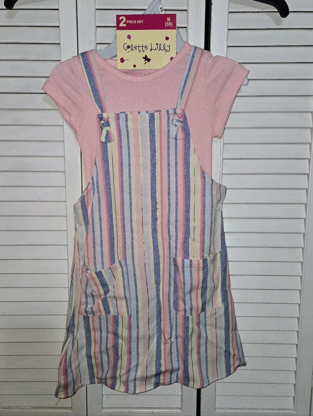 Colette Lilly Girls' M Pink Striped Pinafore Dress & Tee Set NEW